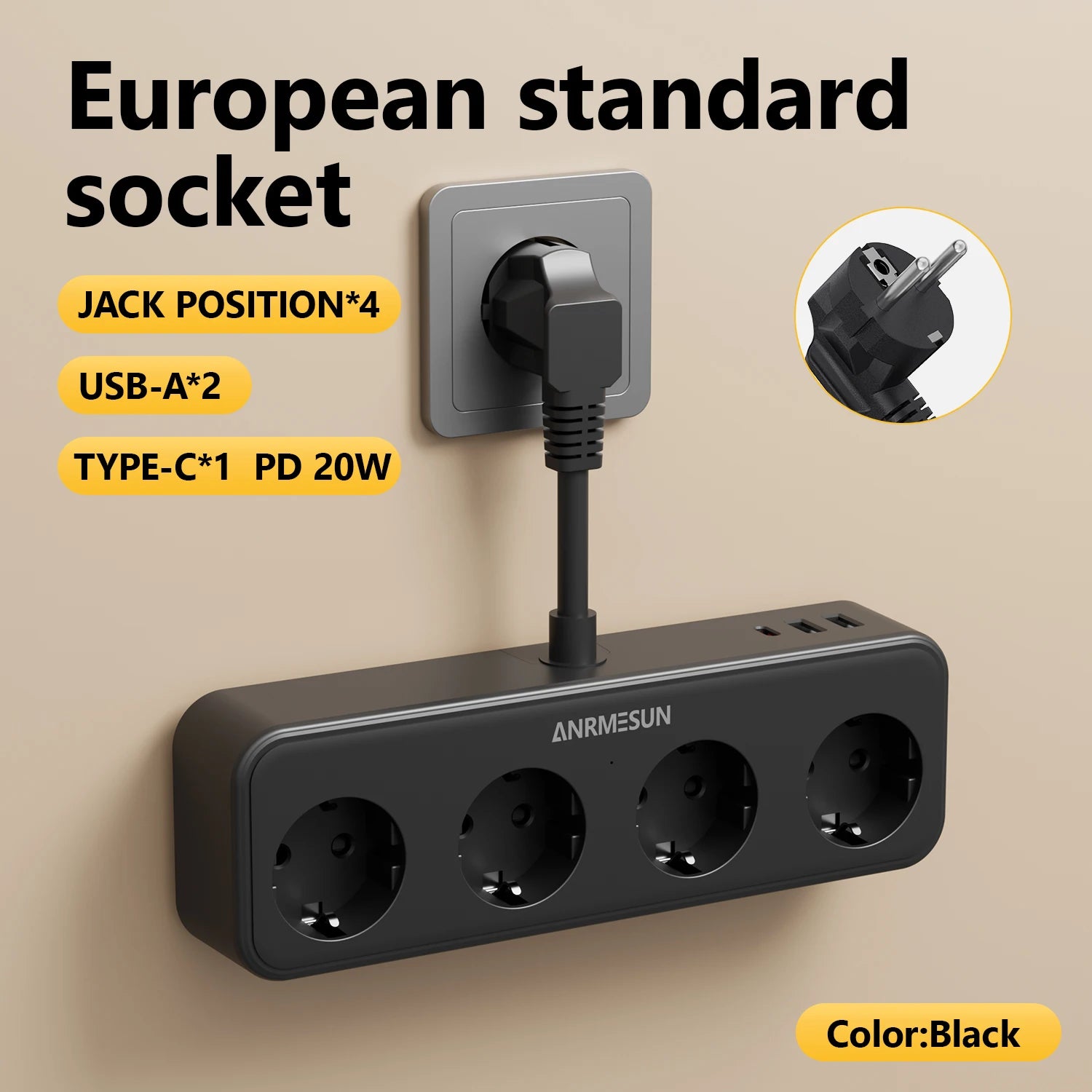 Multiprise 3840W Charge Rapide - 4 Prises/ 2 Ports USB A/ 1 Type C