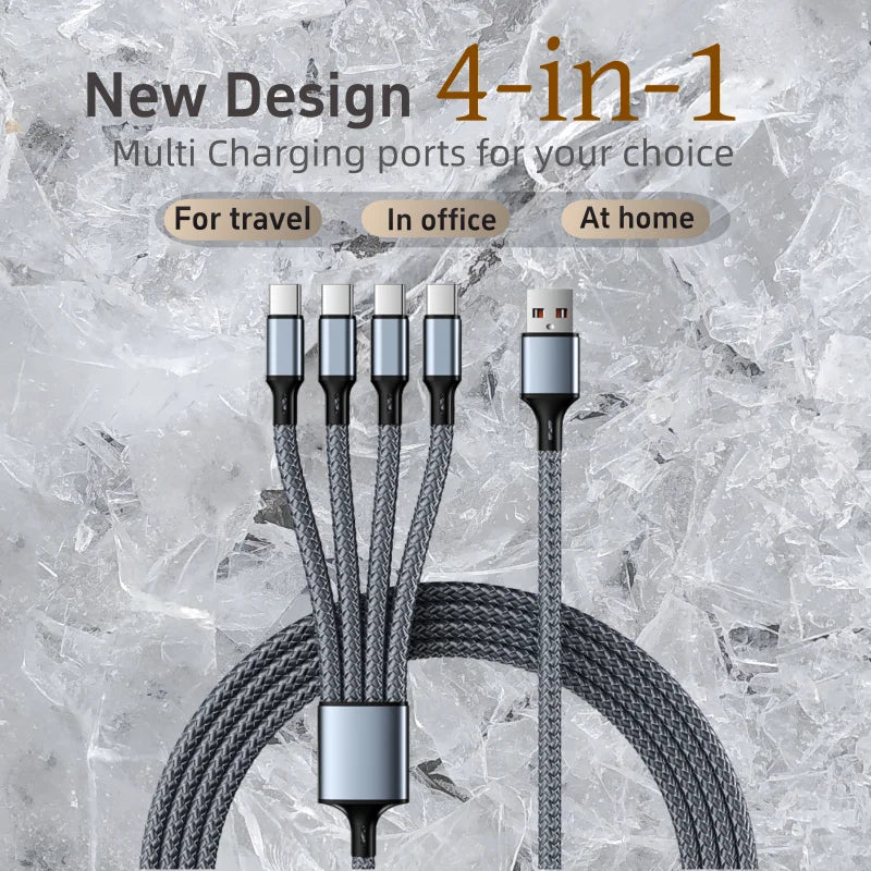 Câble de Charge Tressé 2M Multi-Appareils 4-en-1 – USB-A vers USB-C, Micro-USB et Lightning