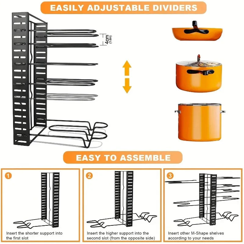 Organisateur de Casseroles et Poêles à 8 Niveaux Réglables – Support Métallique Double Face – Rangement Cuisine Gain de Place