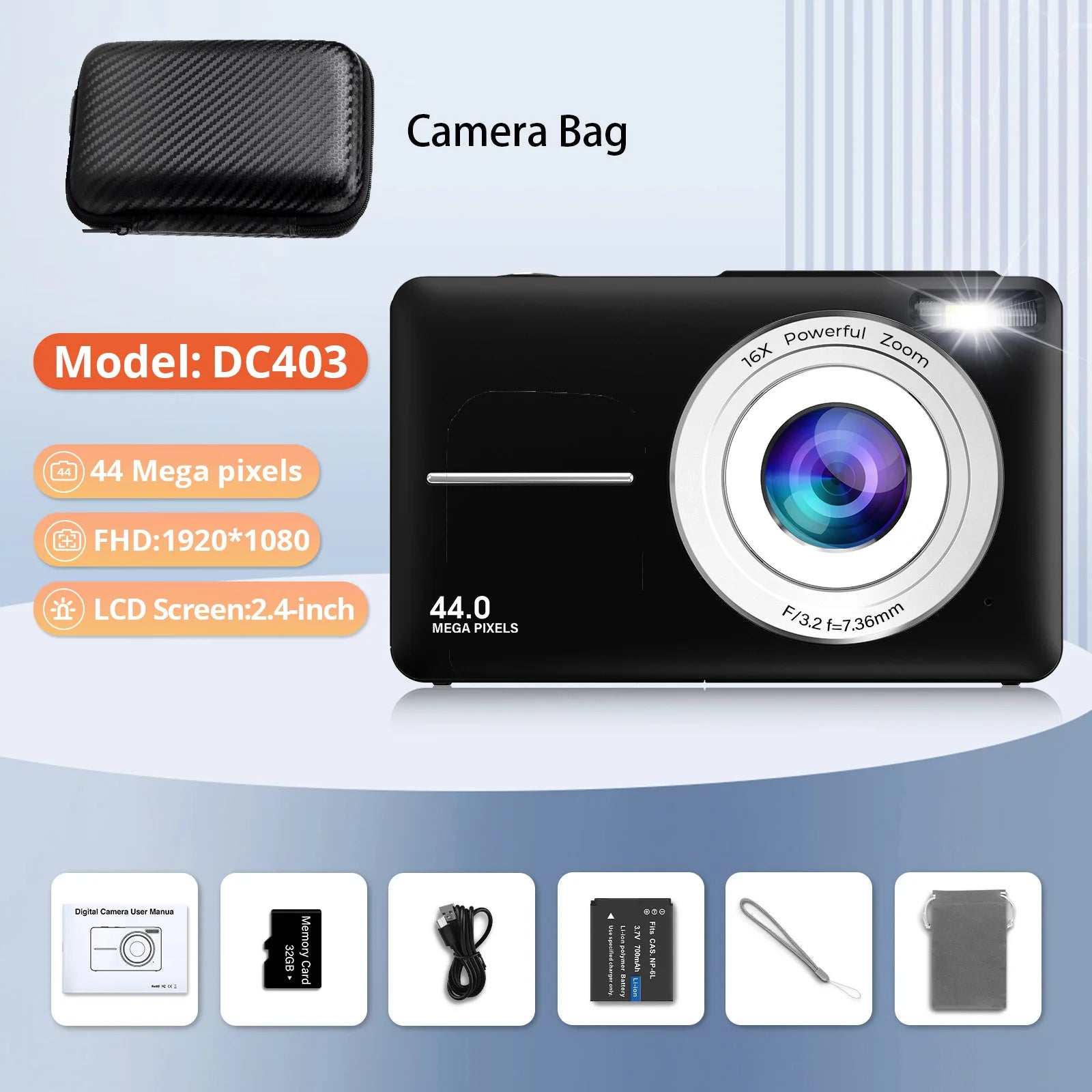 Appareil Photo Numérique HD 1080P 44MP – Zoom 16X – Écran 2,4″ – Rechargeable et Compact Housse + Carte SD 32 Go OFFERTE