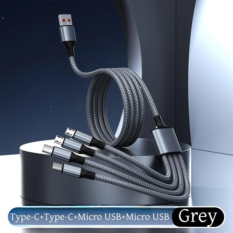 Câble de Charge Tressé 2M Multi-Appareils 4-en-1 – USB-A vers USB-C, Micro-USB et Lightning