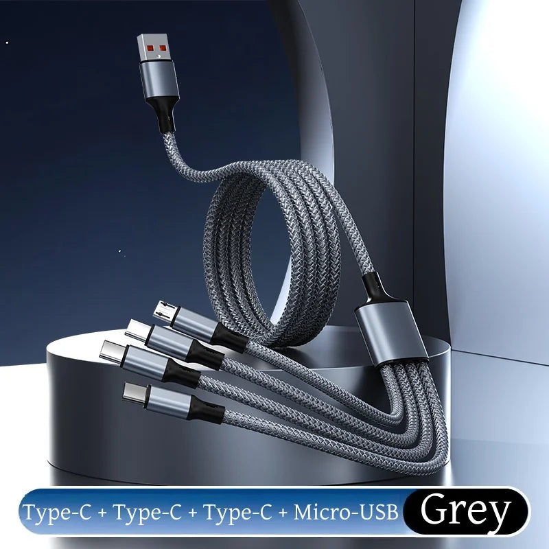 Câble de Charge Tressé 2M Multi-Appareils 4-en-1 – USB-A vers USB-C, Micro-USB et Lightning