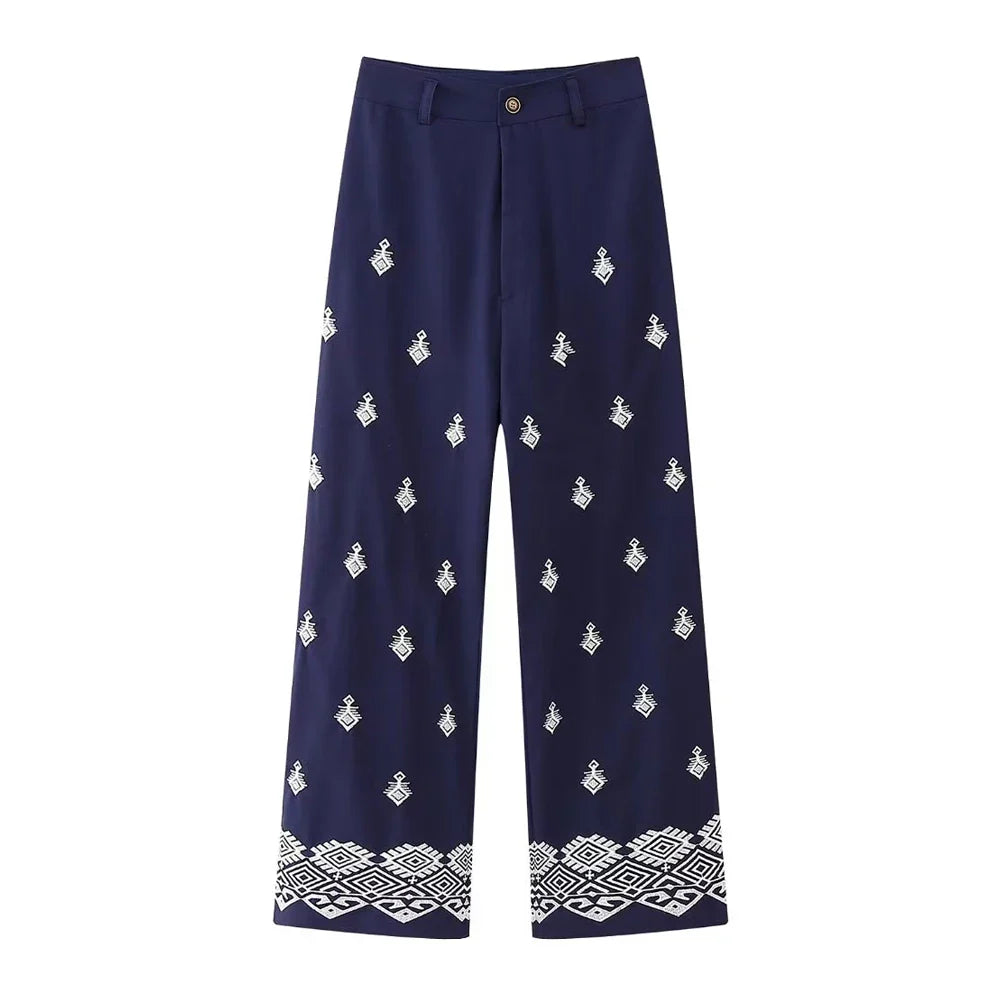 Pantalon droit en lin brodé Aztèque pour femme