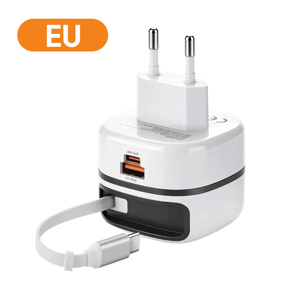 Chargeur Rapide 65W 2 Ports + Câble Rétractable