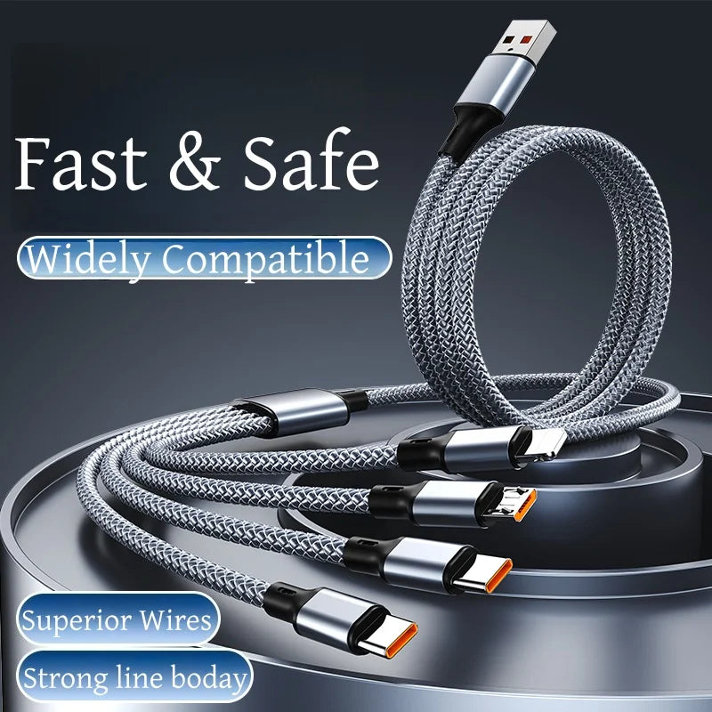 Câble de Charge Tressé 2M Multi-Appareils 4-en-1 – USB-A vers USB-C, Micro-USB et Lightning