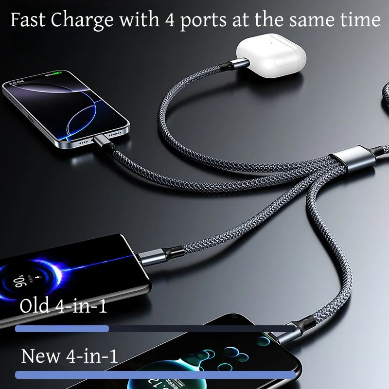 Câble de Charge Tressé 2M Multi-Appareils 4-en-1 – USB-A vers USB-C, Micro-USB et Lightning