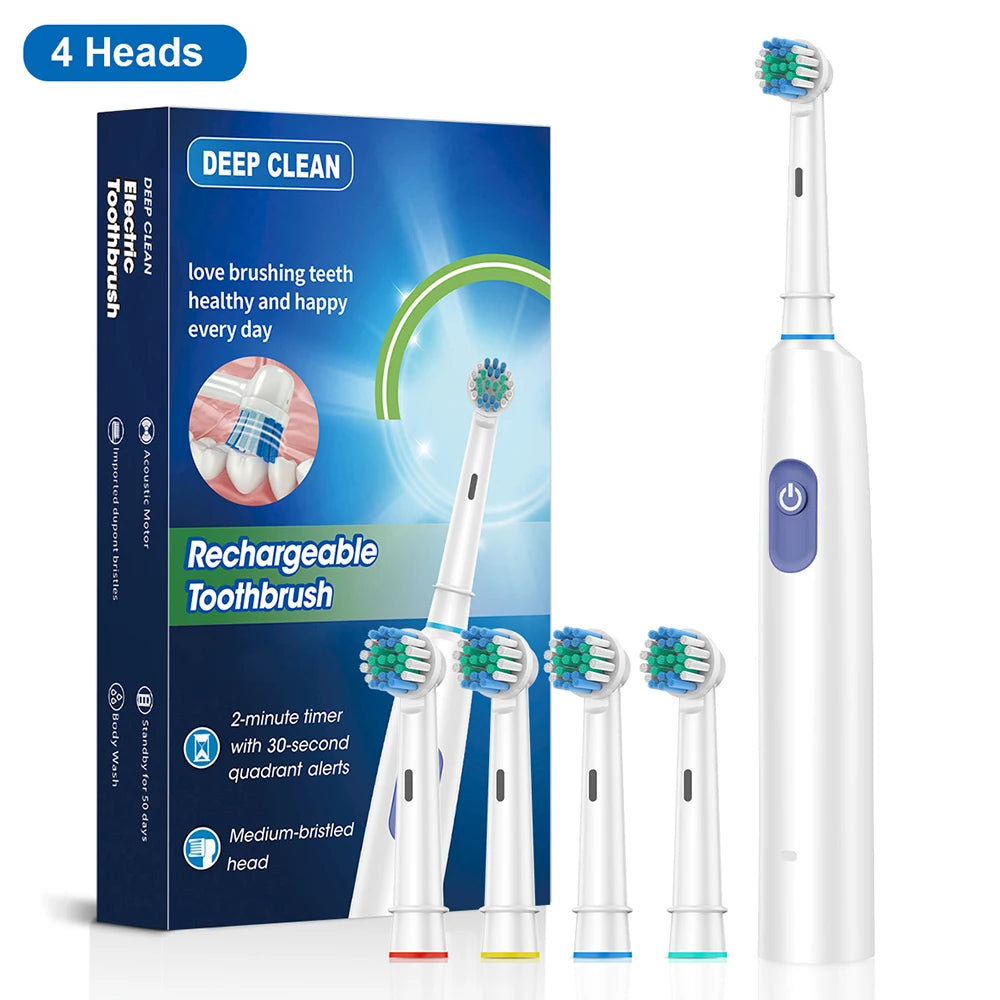 Brosse à dents électrique rotative avec nettoyage ultrasonique — 4 têtes de rechange incluses