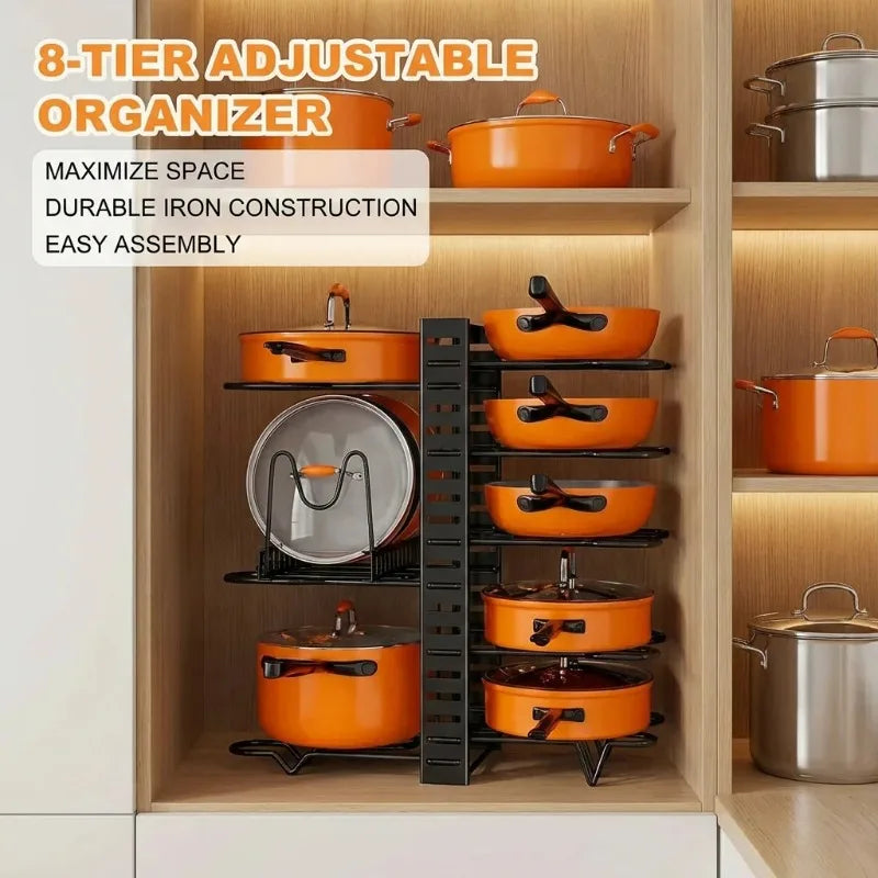 Organisateur de Casseroles et Poêles à 8 Niveaux Réglables – Support Métallique Double Face – Rangement Cuisine Gain de Place