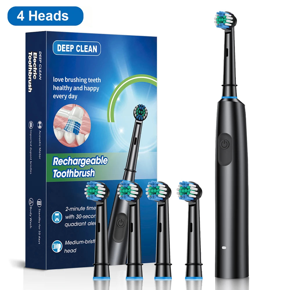 Brosse à dents électrique rotative avec nettoyage ultrasonique — 4 têtes de rechange incluses