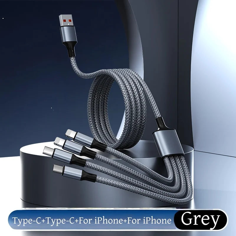 Câble de Charge Tressé 2M Multi-Appareils 4-en-1 – USB-A vers USB-C, Micro-USB et Lightning