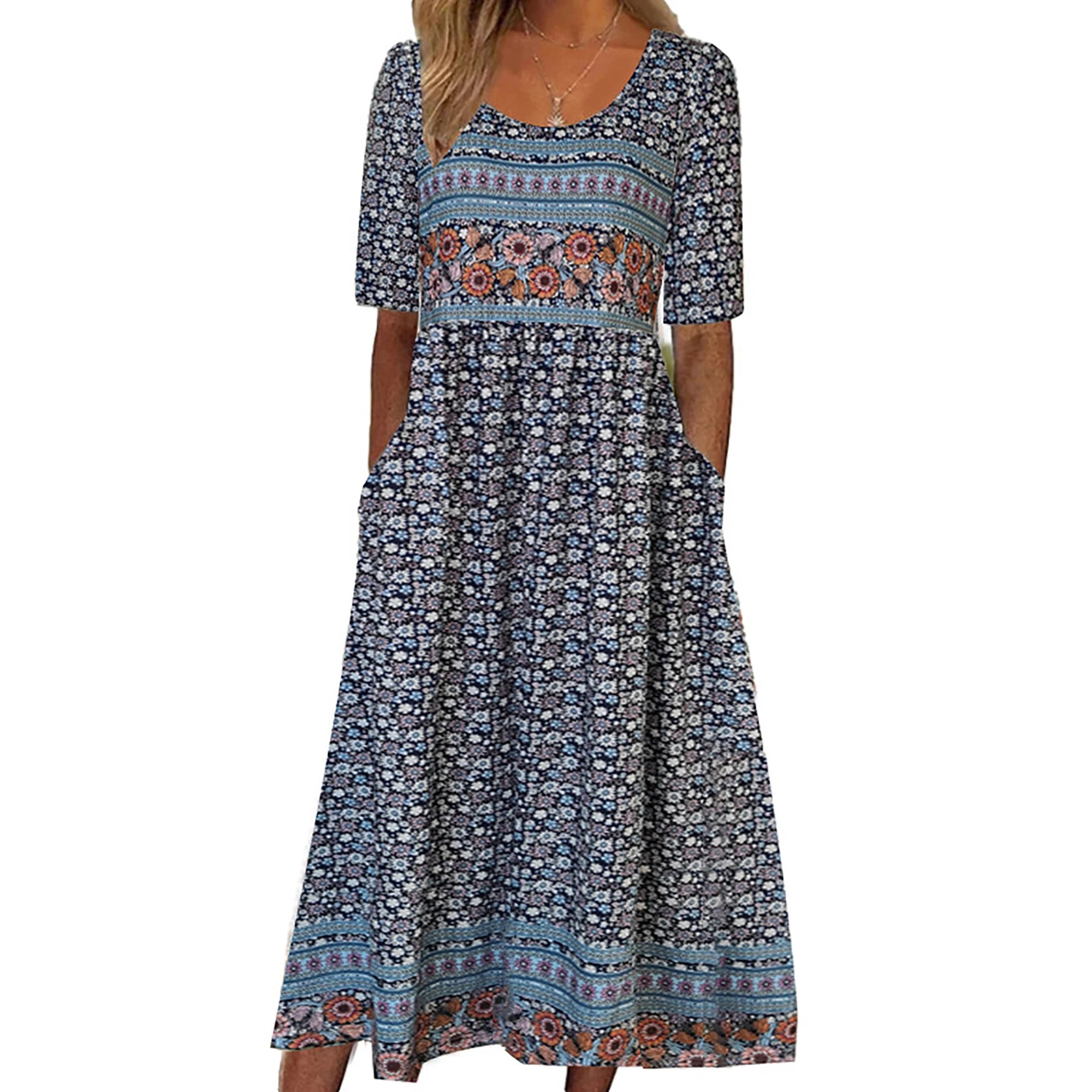 Robe Mi-Longue à Imprimé Boho avec Manches
