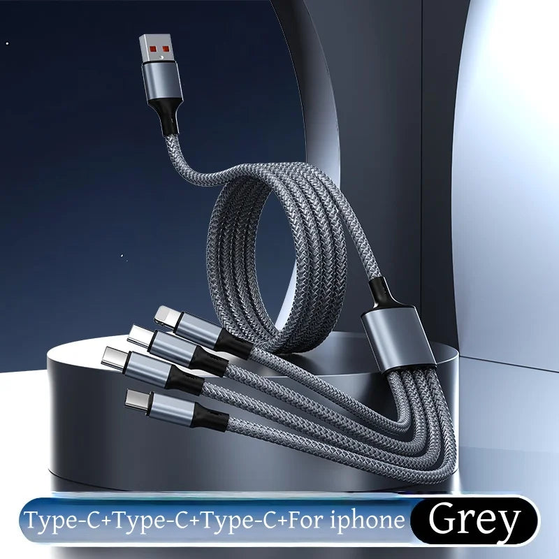 Câble de Charge Tressé 2M Multi-Appareils 4-en-1 – USB-A vers USB-C, Micro-USB et Lightning
