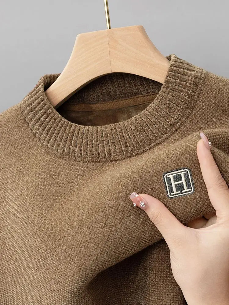 Pull en Maille à Col Rond et Logo Brodé Homme