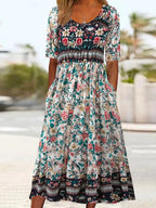 Robe Mi-Longue à Imprimé Boho avec Manches