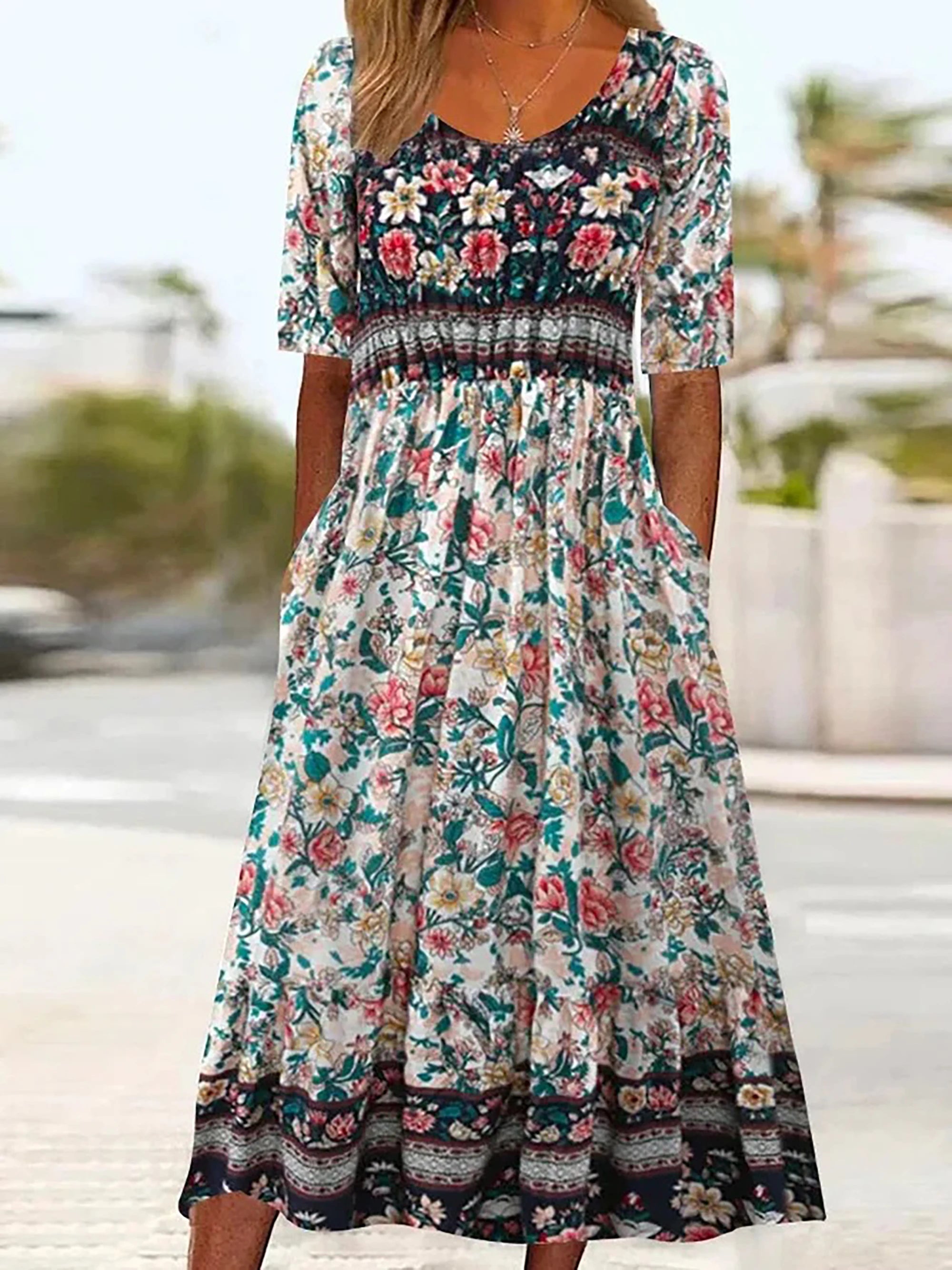 Robe Mi-Longue à Imprimé Boho avec Manches