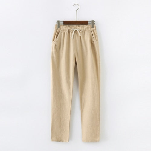 PANTALON EN COTON ET LIN POUR FEMME - TAILLE ÉLASTIQUE