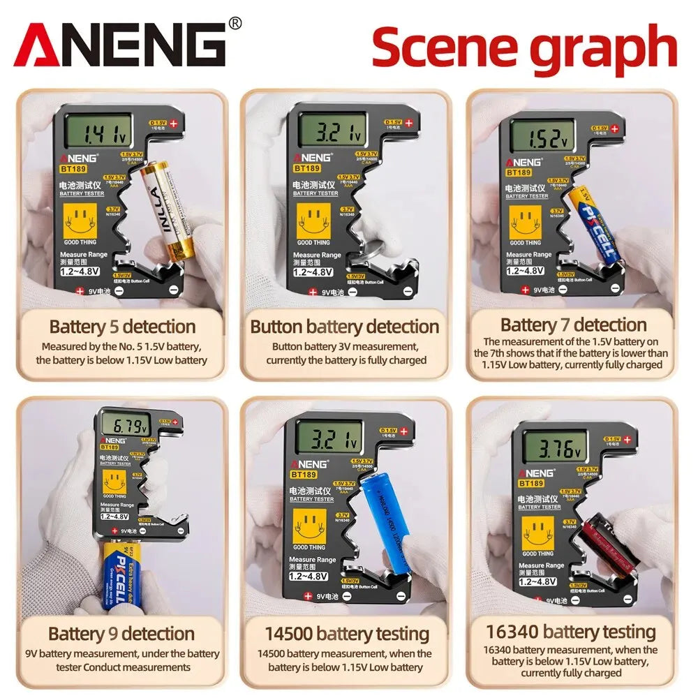 Testeur de Piles ANENG BT189 Universel avec Écran LCD – AA, AAA, 9V, C, D, N & Piles Bouton