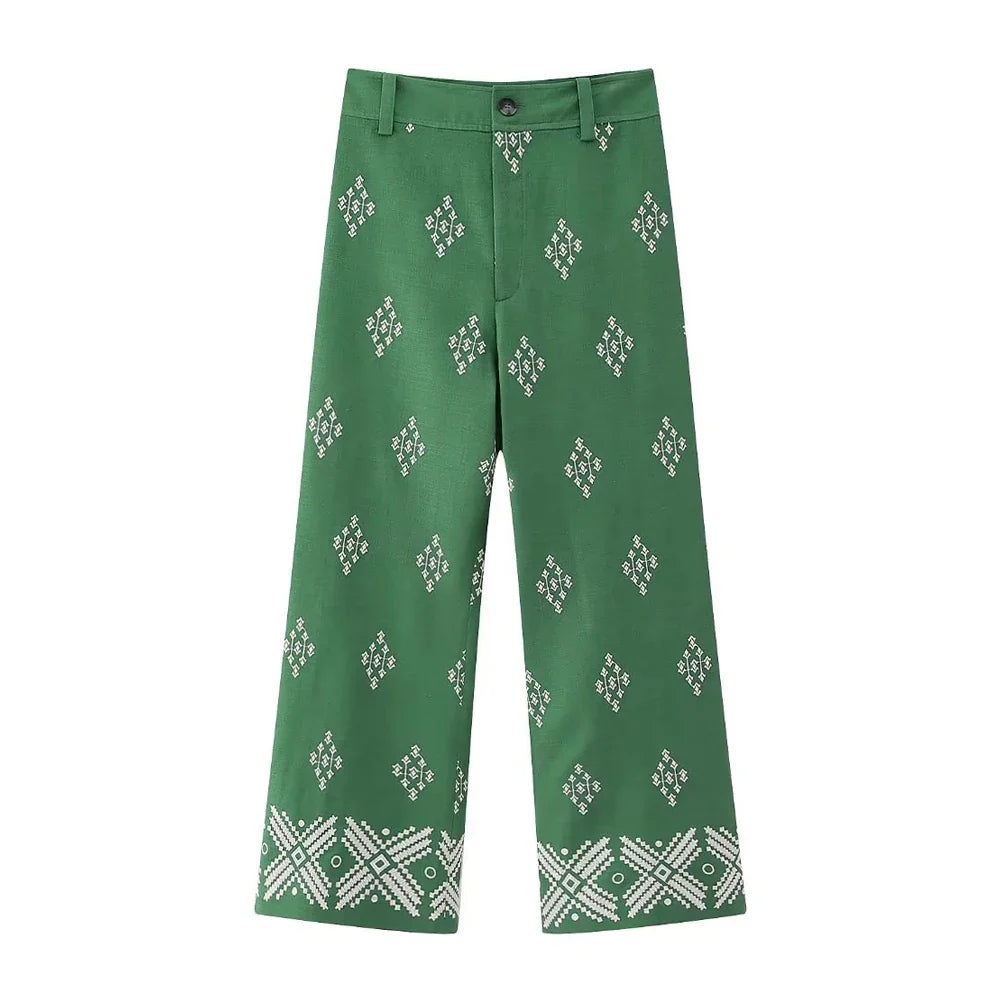 Pantalon droit en lin brodé Aztèque pour femme