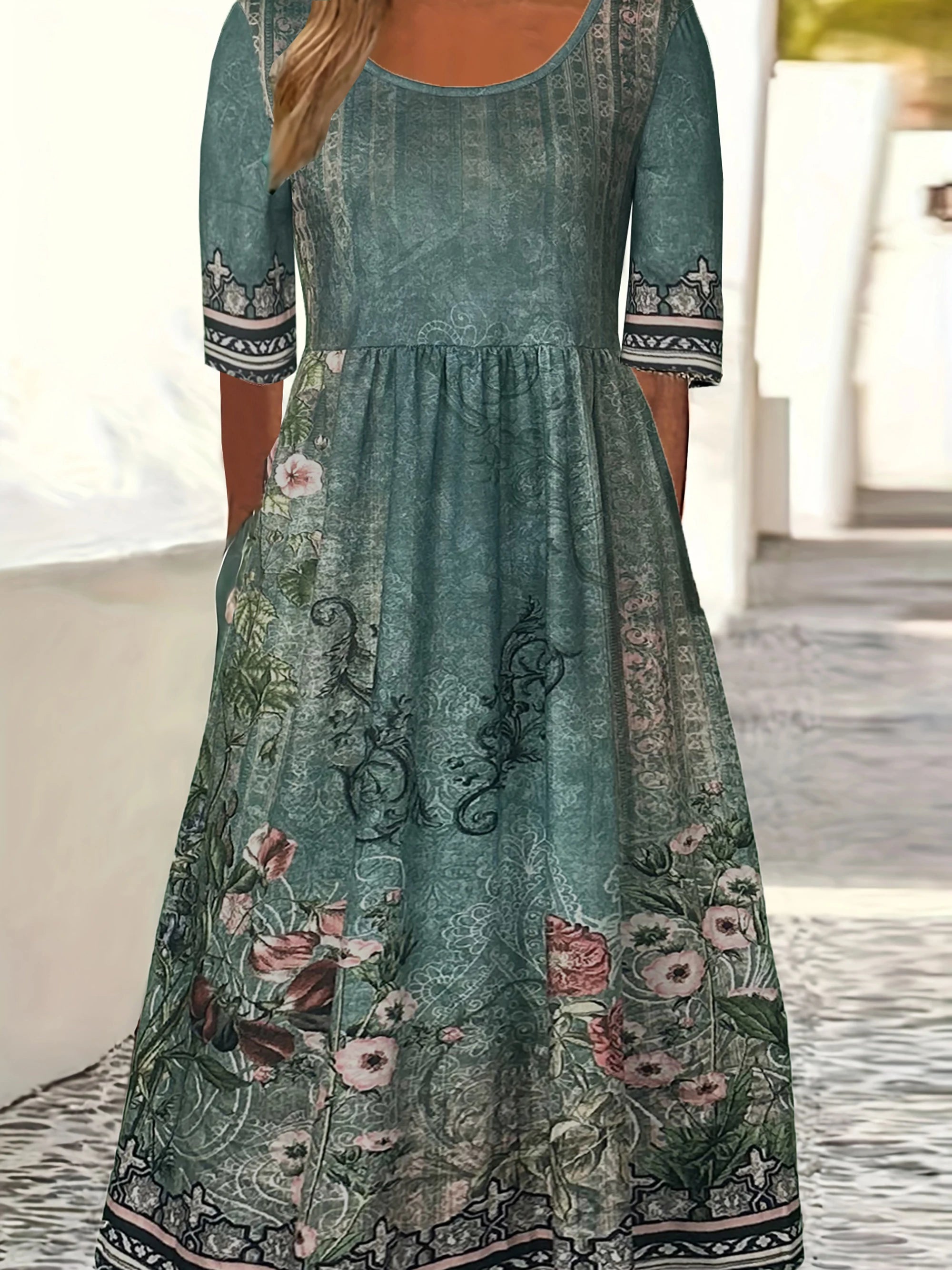Robe Mi-Longue à Imprimé Boho avec Manches