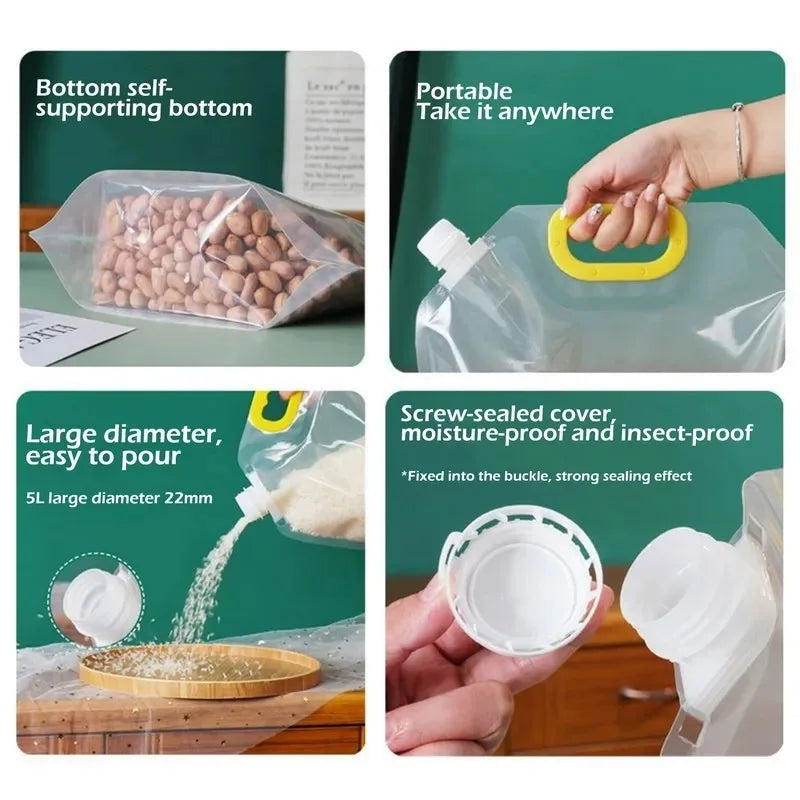 Lot de 3 Sacs de Conservation Alimentaire Hermétiques & Réutilisables avec Bouchon & Poignée – Pour Céréales & Aliments Secs – Entonnoir OFFERT