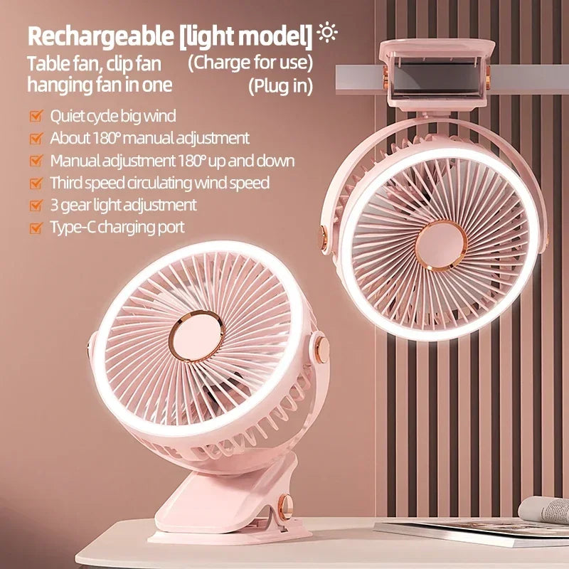 Ventilateur portable 360° facile à clipser - Eclairage LED intégré