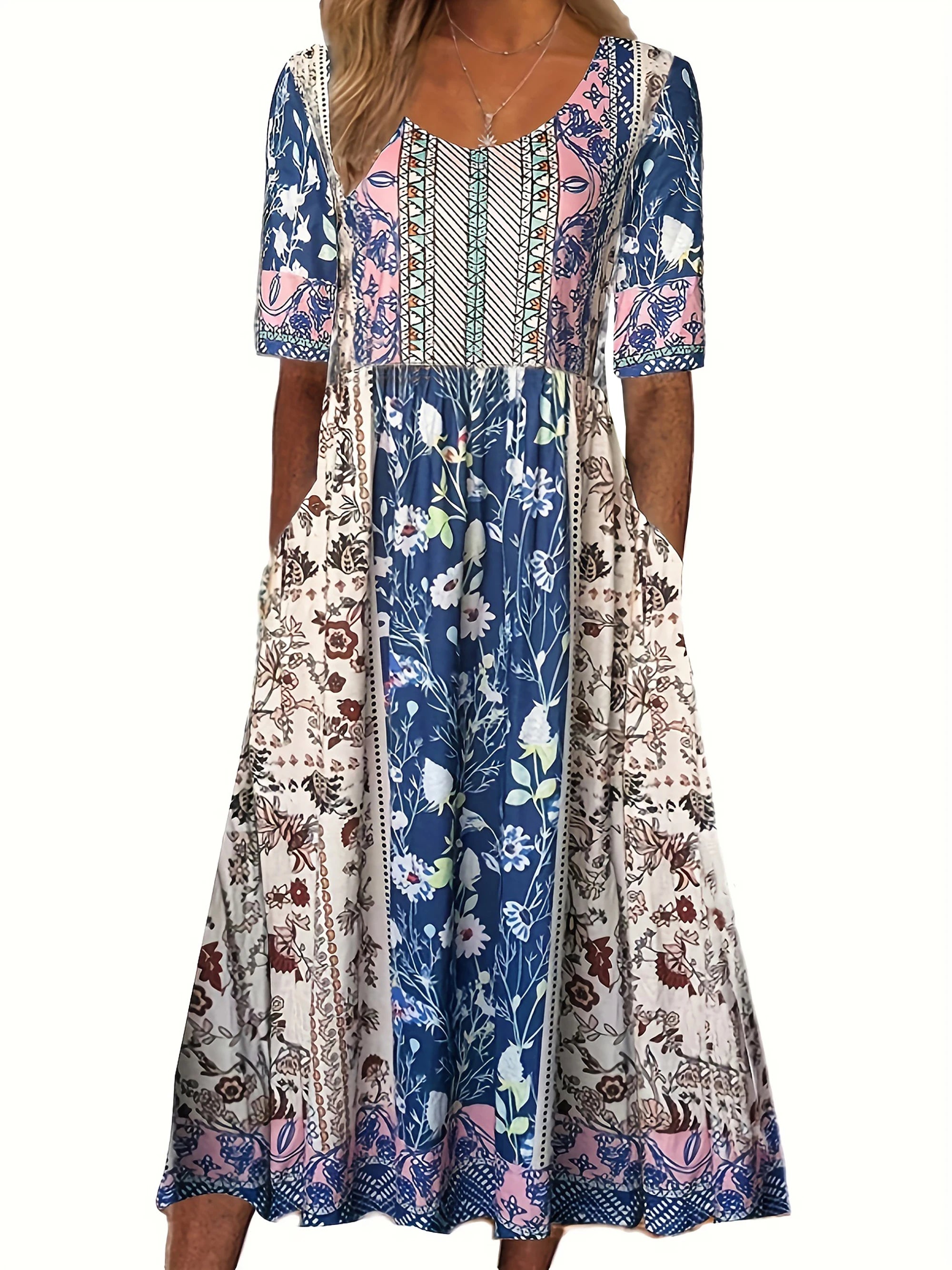 Robe Mi-Longue à Imprimé Boho avec Manches