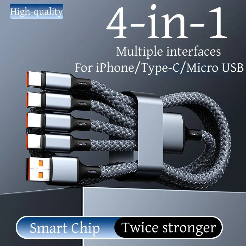 Câble de Charge Tressé 2M Multi-Appareils 4-en-1 – USB-A vers USB-C, Micro-USB et Lightning