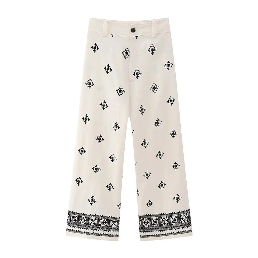 Pantalon droit en lin brodé Aztèque pour femme