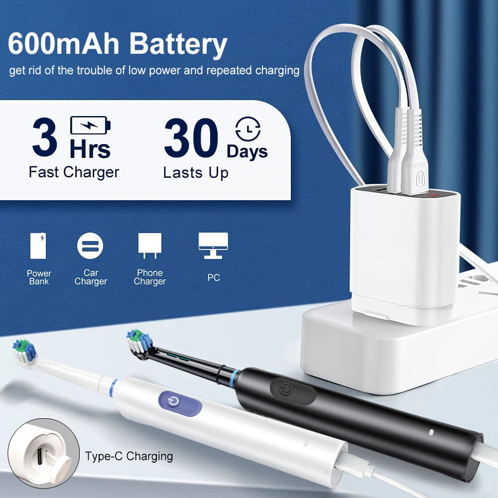 Brosse à dents électrique rotative avec nettoyage ultrasonique — 4 têtes de rechange incluses