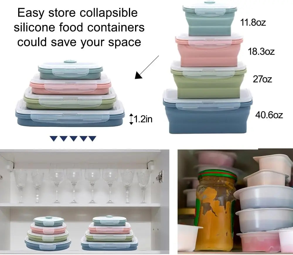 Lot de 4 Boîte de Conservation Pliables & Micro-Ondables en Silicone