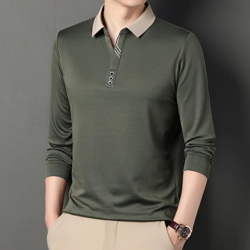 Polo à Manches Longues à Col Beige pour Homme