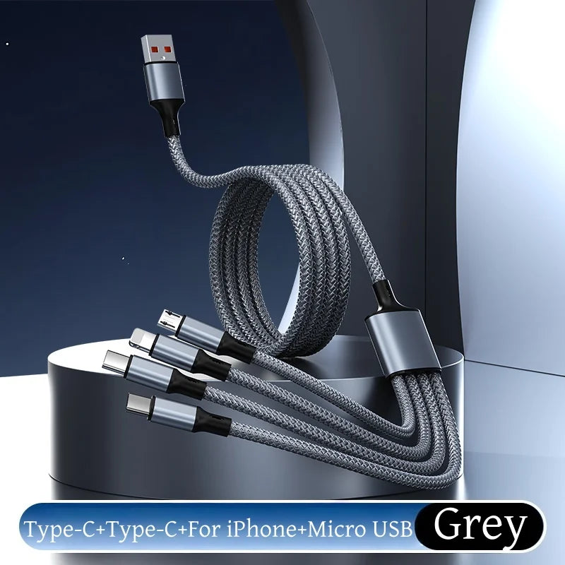 Câble de Charge Tressé 2M Multi-Appareils 4-en-1 – USB-A vers USB-C, Micro-USB et Lightning