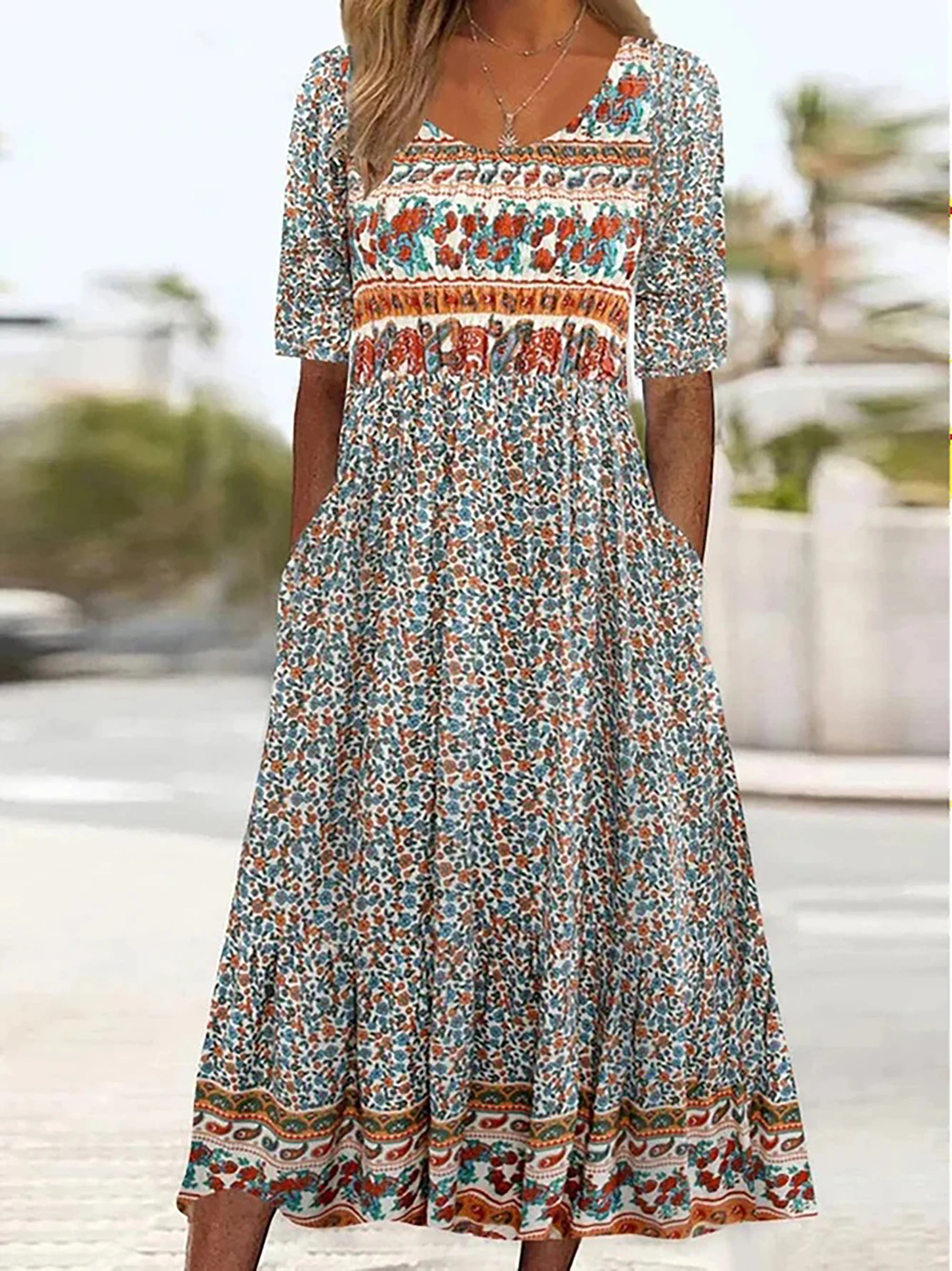 Robe Mi-Longue à Imprimé Boho avec Manches