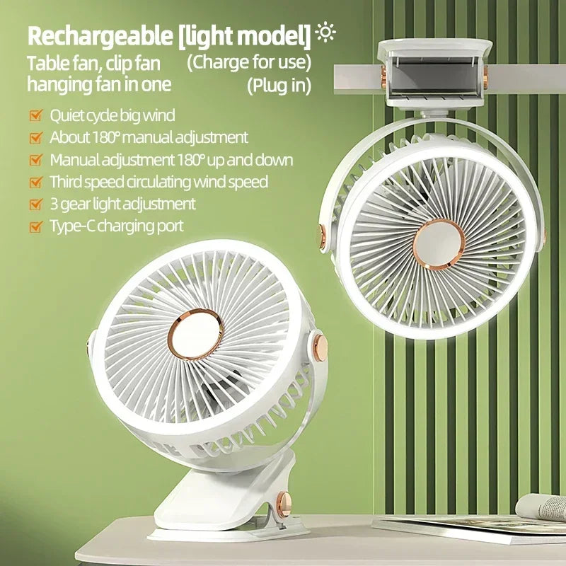 Ventilateur portable 360° facile à clipser - Eclairage LED intégré