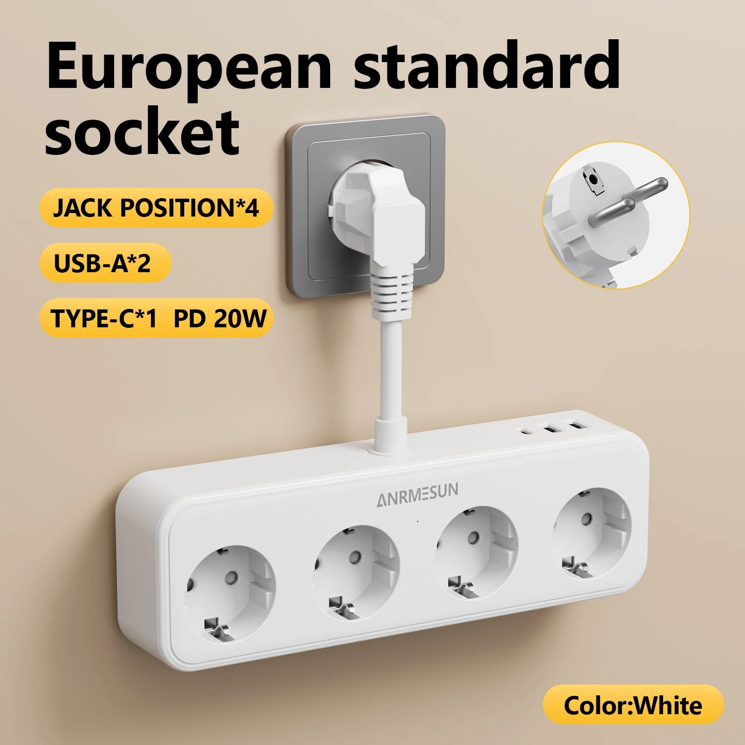 Multiprise 3840W Charge Rapide - 4 Prises/ 2 Ports USB A/ 1 Type C