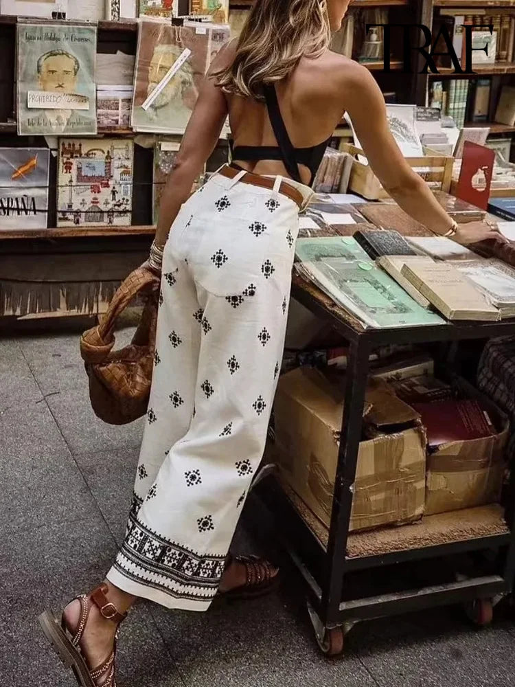 Pantalon droit en lin brodé Aztèque pour femme