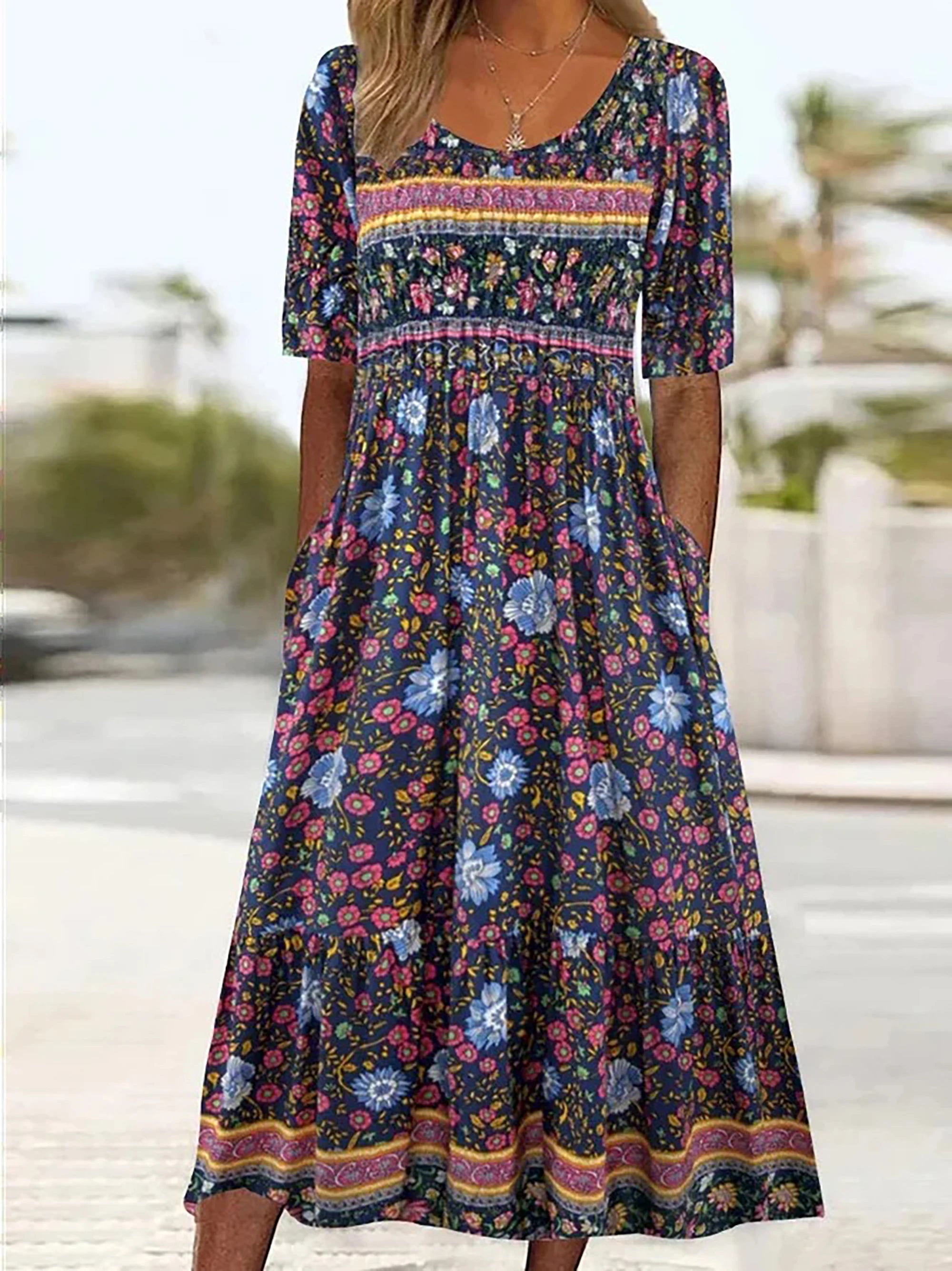 Robe Mi-Longue à Imprimé Boho avec Manches