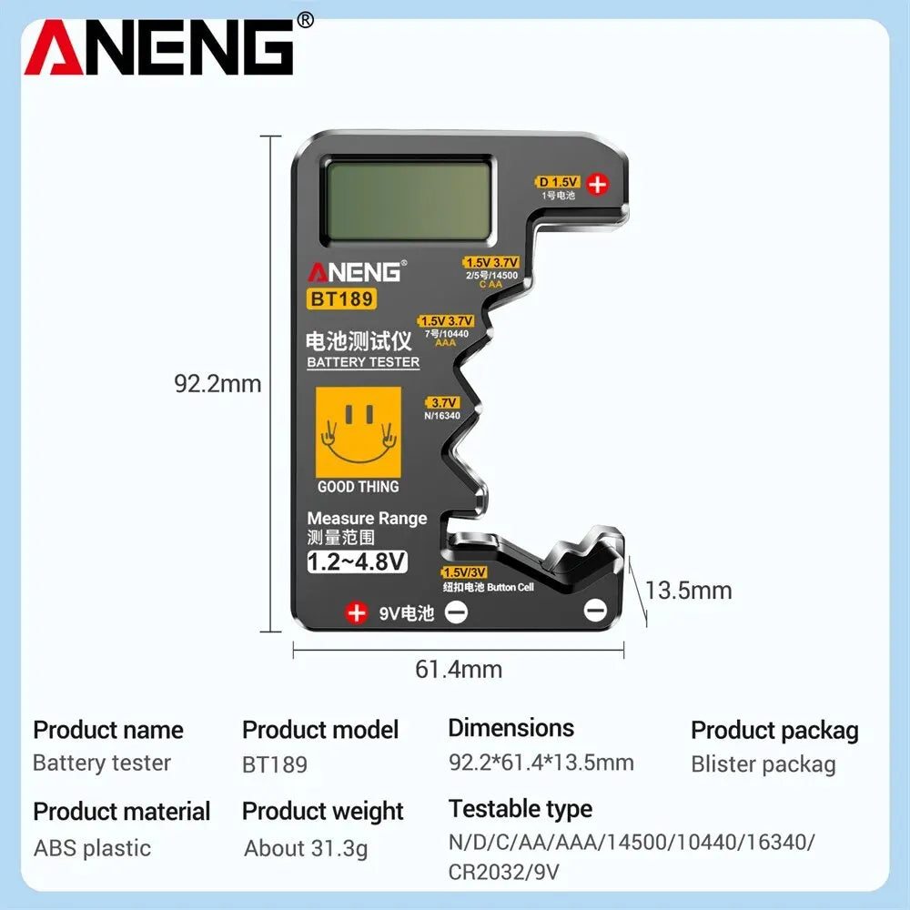 Testeur de Piles ANENG BT189 Universel avec Écran LCD – AA, AAA, 9V, C, D, N & Piles Bouton